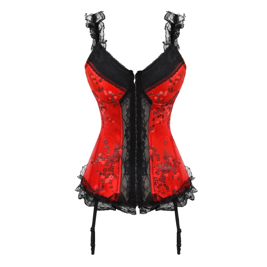 Steampunk Straps Overbust Corset With Cup Zipper Sexy Jacquard Floral Corset Waist Cincher Bustier Lingerie Top Plus Size