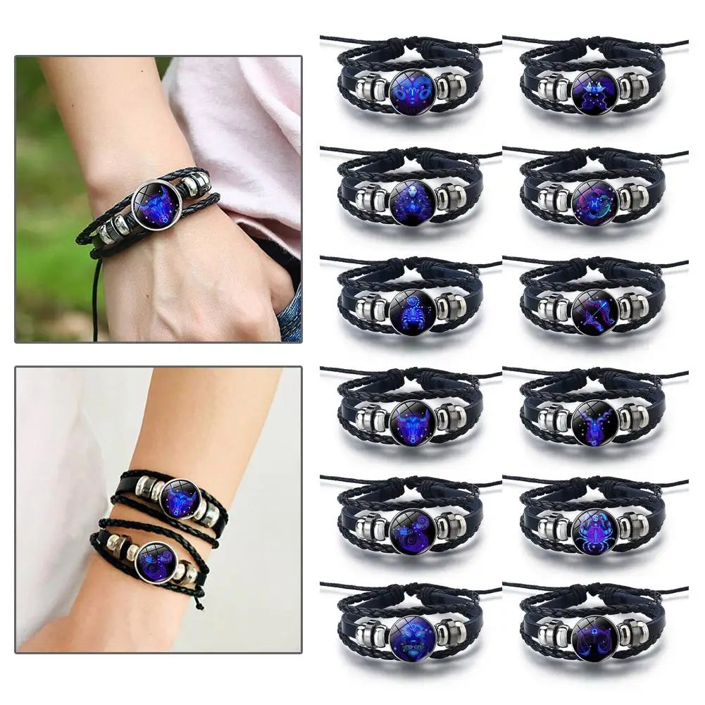 12 Constellation Gem Leather Bracelet Men Women Glass Bracele Couple Leather Multilayer Weave Birthday Gift Bangle Gem