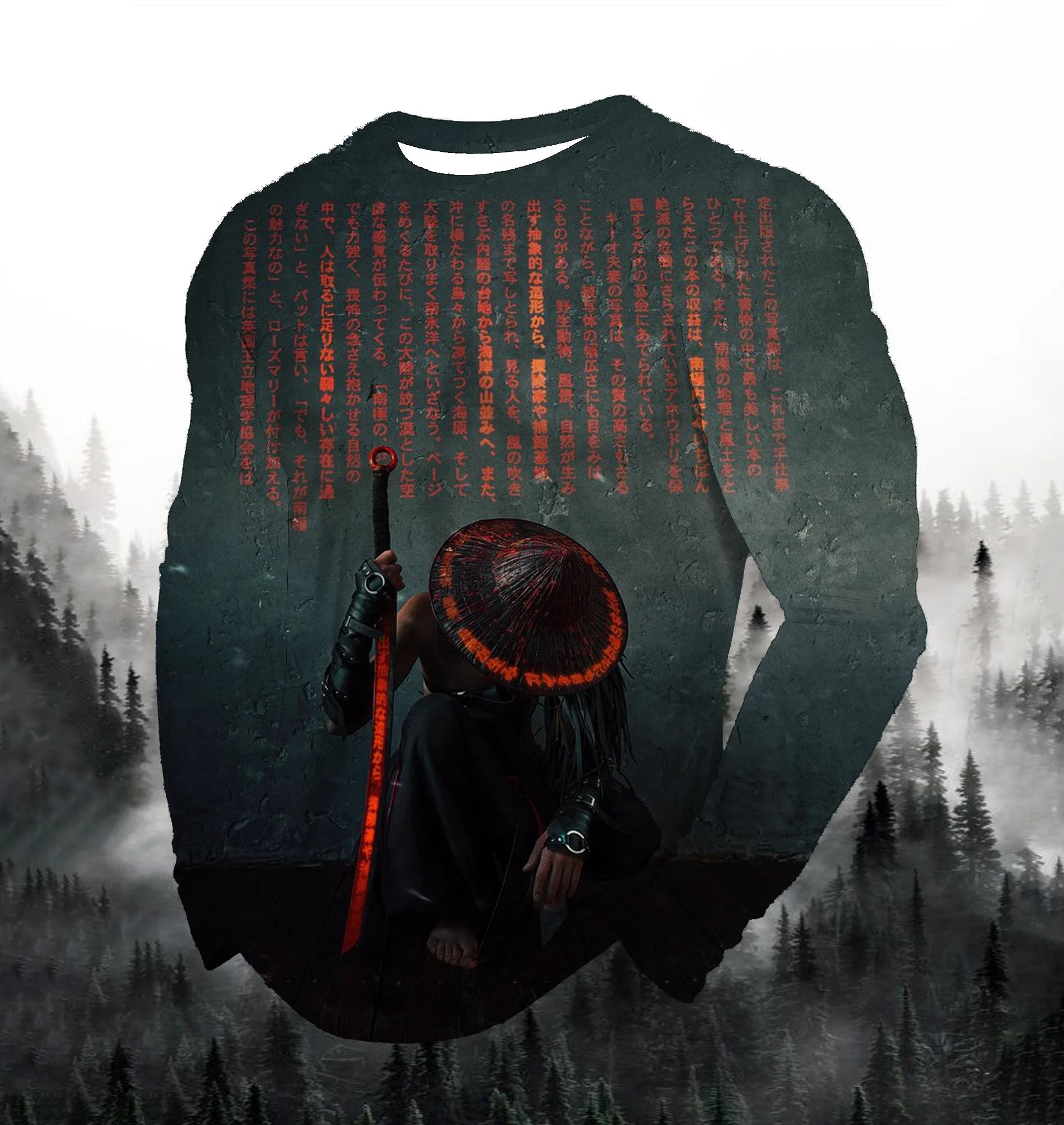 2024 Men's Fashion Printed Round Neck Long Sleeve Autumn Sports Leisure Pullover Men's 3D Japanese Samurai Printed Loose Tops