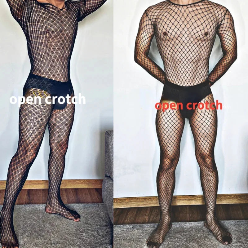 Plus Size Men's Black Sexy Lingerie Fishnet Body Stockings Male Underwear Exotic Lingerie for Man Open Crotch Transparent Tights