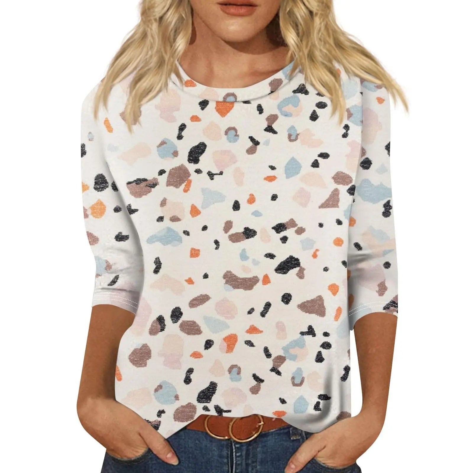 2025 New Women's Flower Fashion Print Long Sleeve T-shirt Sports Leisure Cute Polyester Ultra-thin Round Neck Long Sleeve