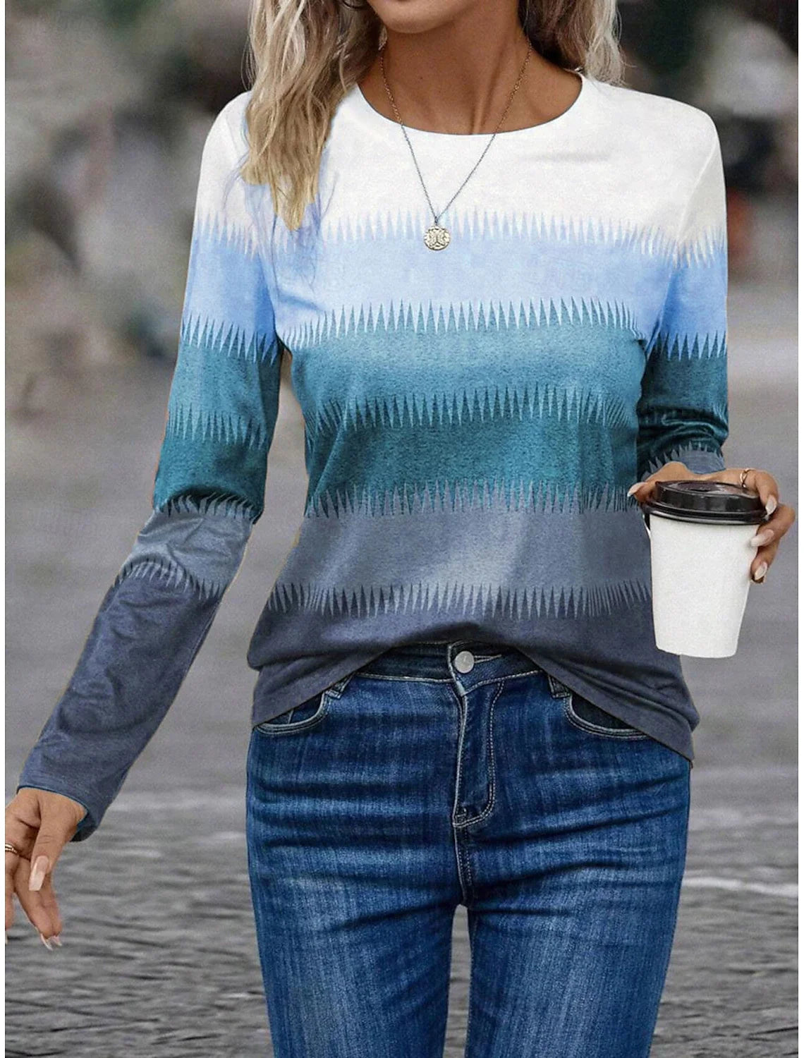 Gradient Stripe Printed Pullover Autumn and Winter Casual Long Sleeve Round Neck Sweatshirt Plaid Pattern Women's Clothing