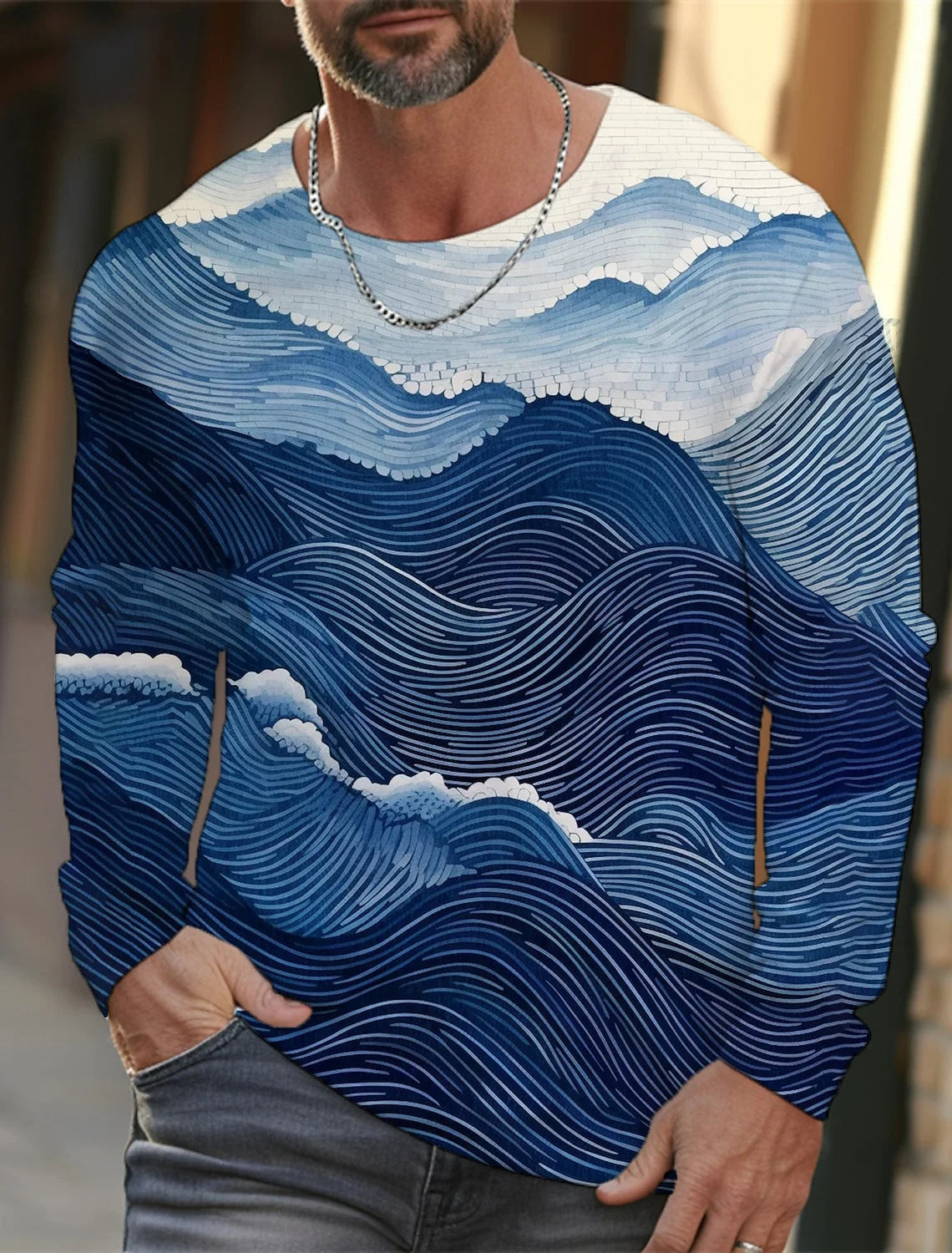 2024 new men's Ukiyoe long-sleeved T-shirt 3D printing high-definition wave cat printing men's autumn casual round neck top