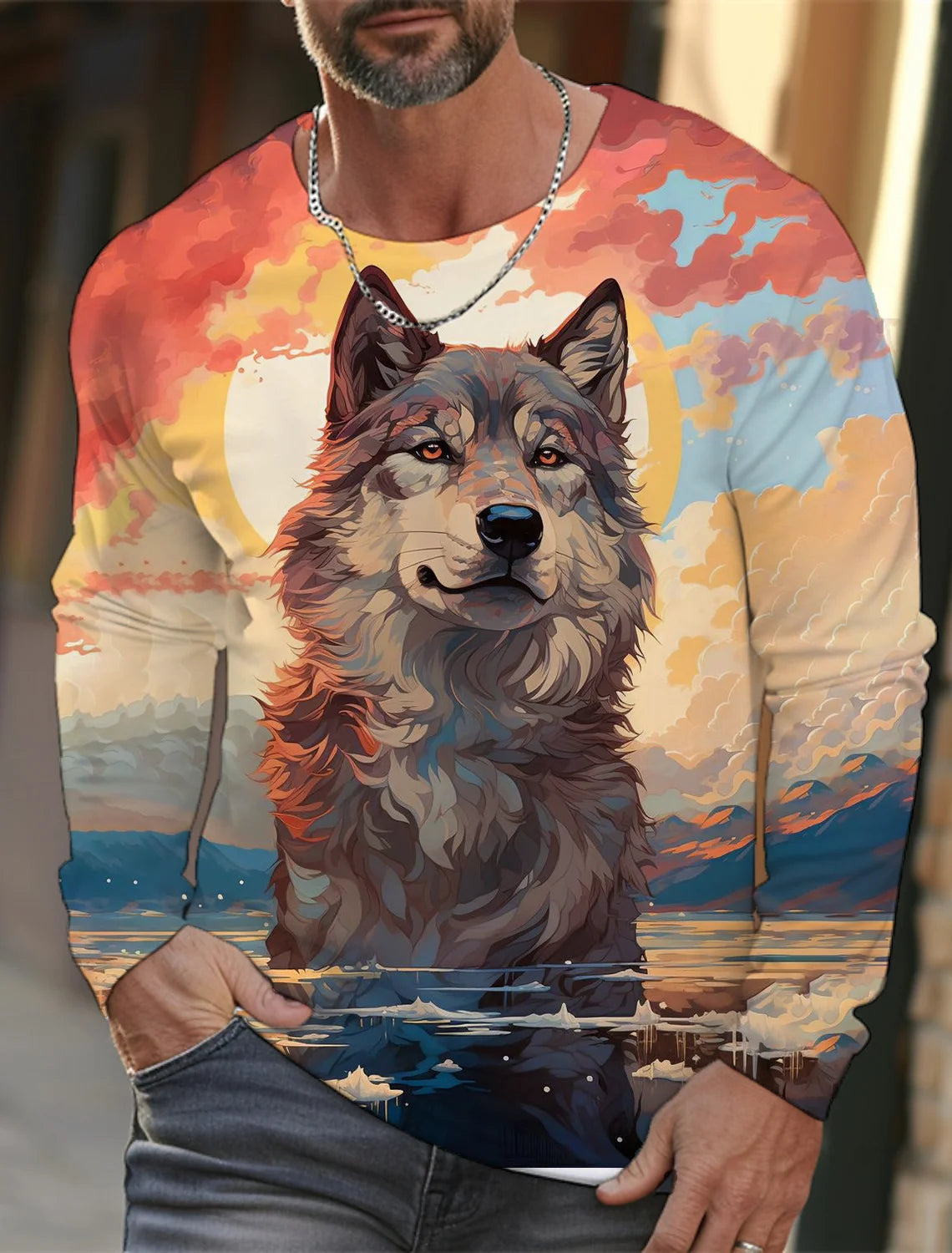 2024 new men's Ukiyoe long-sleeved T-shirt 3d printed high-definition wolf print men's autumn top casual round neck T-shirt