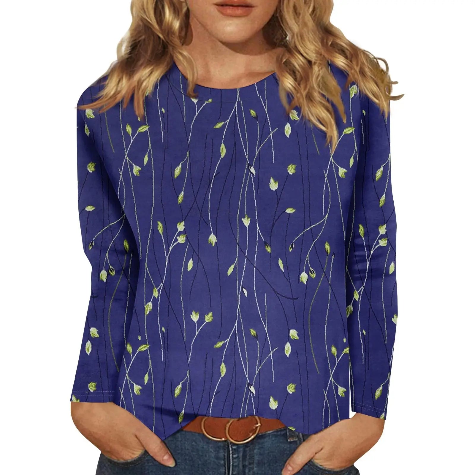 2025 New Women's Flower Fashion Print Long Sleeve T-shirt Sports Leisure Cute Polyester Ultra-thin Round Neck Long Sleeve