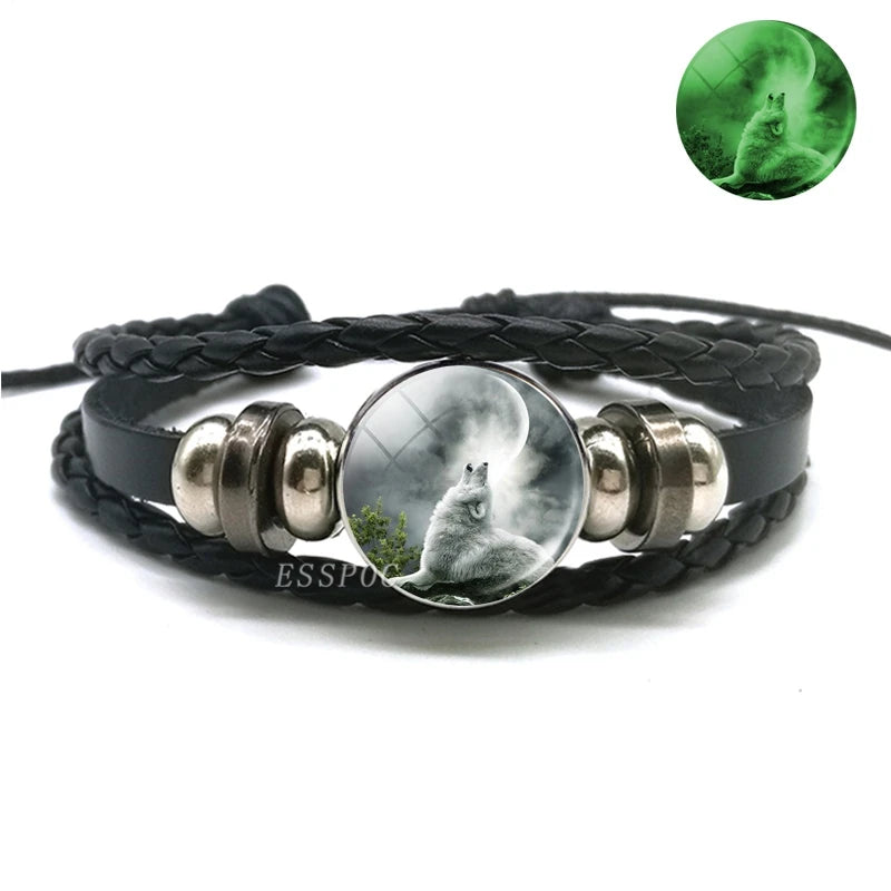 Glow In The Dark Wolf Head Bracelet Multilayer Leather Bracelet Charm Women Men Fashion Luminous Bracelets Wolf Jewelry