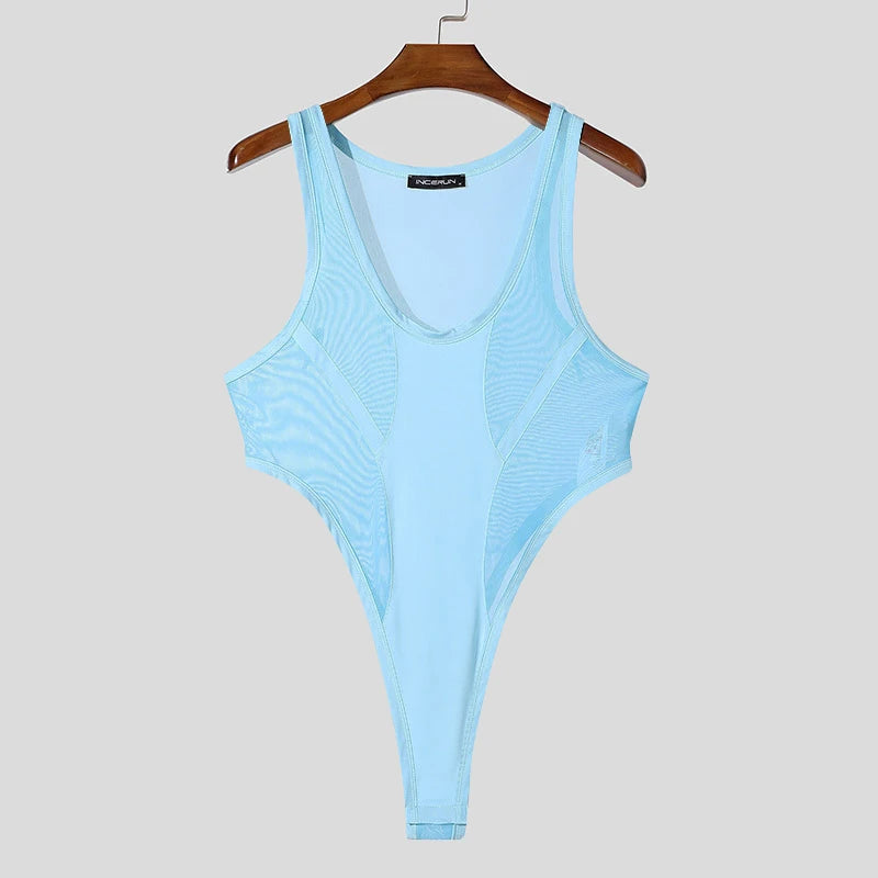 INCERUN American Style Bodysuits Fashion Mens Mesh Splicing Side High Slit Triangle Jumpsuits Sexy Homewear Sleeveless Jumpsuits