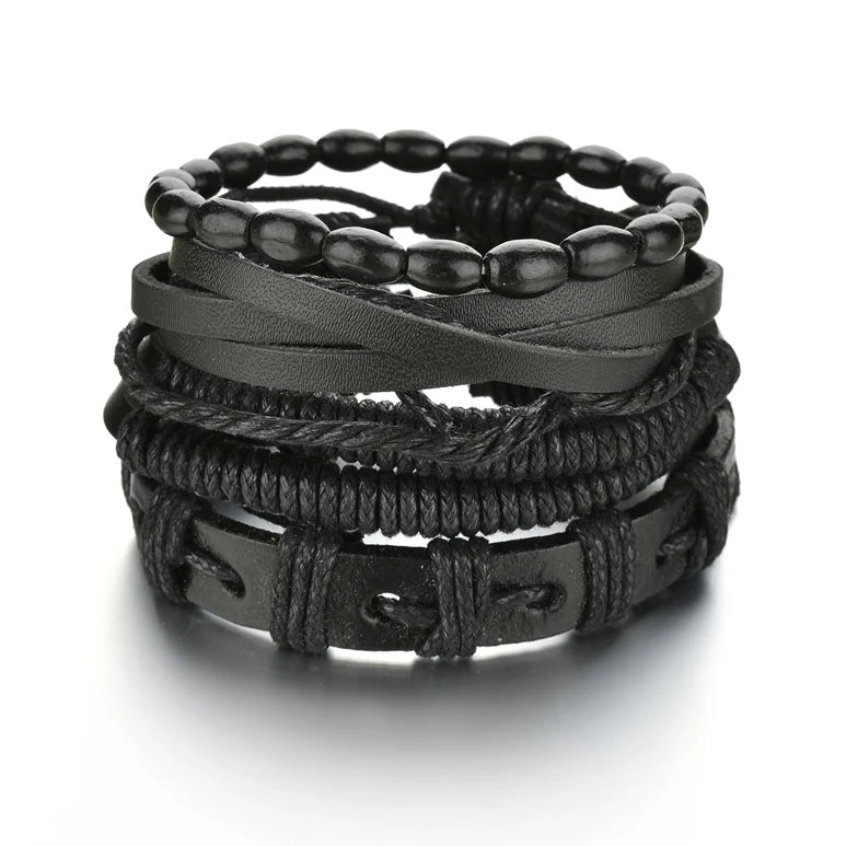New Trendy Retro 4pcs/Set Bracelets & Bangles Men's Multilayer Black Leather Jewelry Charm Pulseiras Boyfriend Wristband