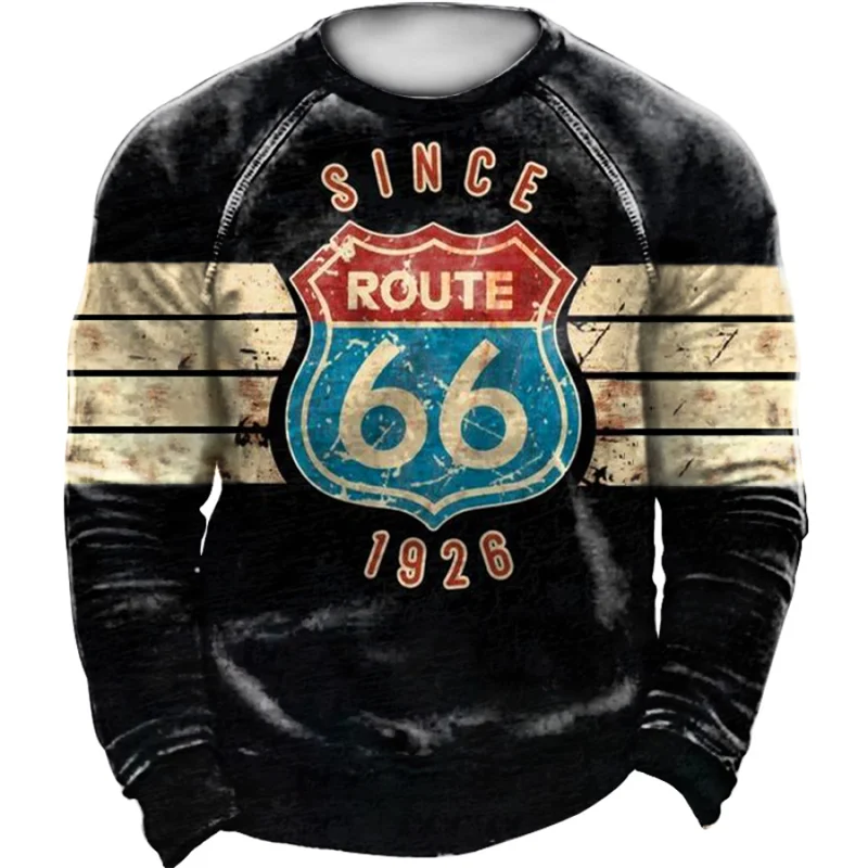 2024 Men's T-shirts Long Sleeve 3d Print Top Casual Cotton Vintage T Shirt Vintage Route 66 Tee Loose Sports O-neck Clothing 5xl