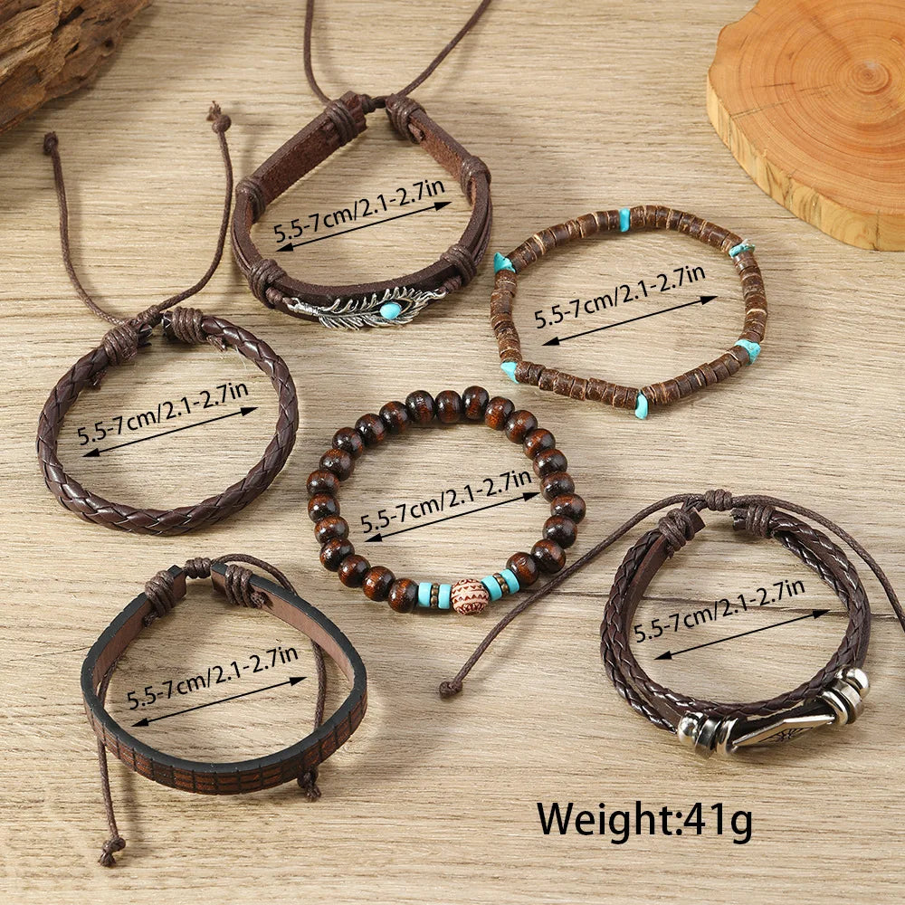 Bohemian Turquoise Wood Beaded Beaded Bracelet Leaf Flower Feather Multi-layer Men's Woven Leather Bracelet