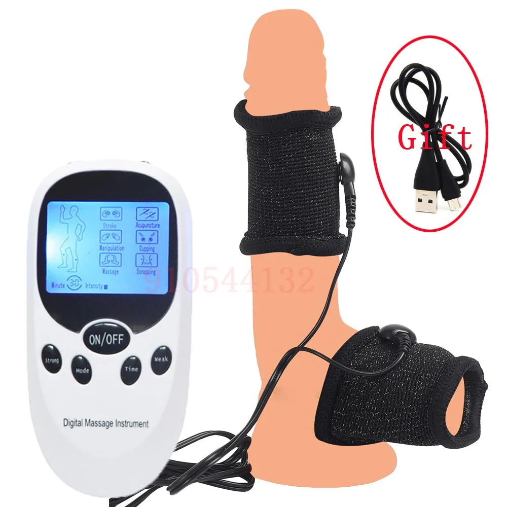BDSM Electro Shock Conductive Fiber Penis Sleeve E-stim Scrotum Rings Electric Play Cock Therapy Enlargement Male Sex Products
