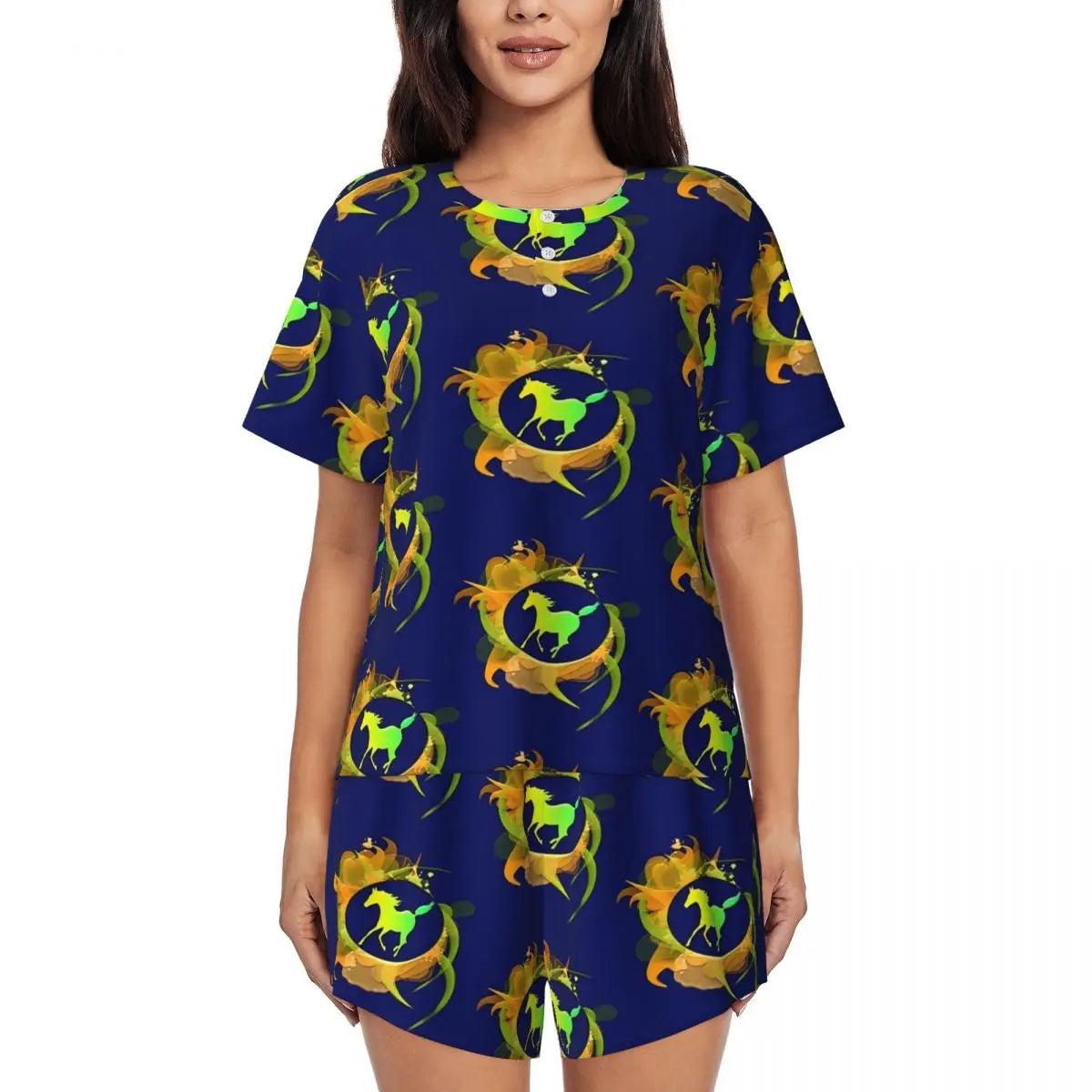 Horse Race Pajamas Summer 2 Pieces 1930s Classic Art Cute Pajama Sets Womens Short-Sleeve O Neck Night Pattern Sleepwear