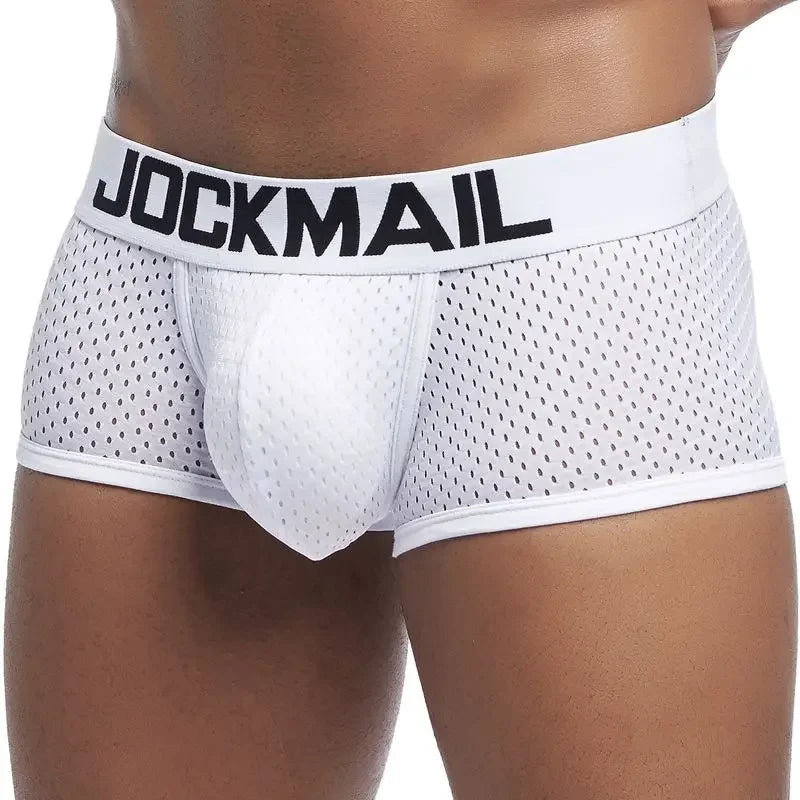 Jockmail Boxers Sexy Mens Panties Mesh Quick-drying Breathable Calzoncillos Solid Color Simple Boxers Hombre Semi-transparent