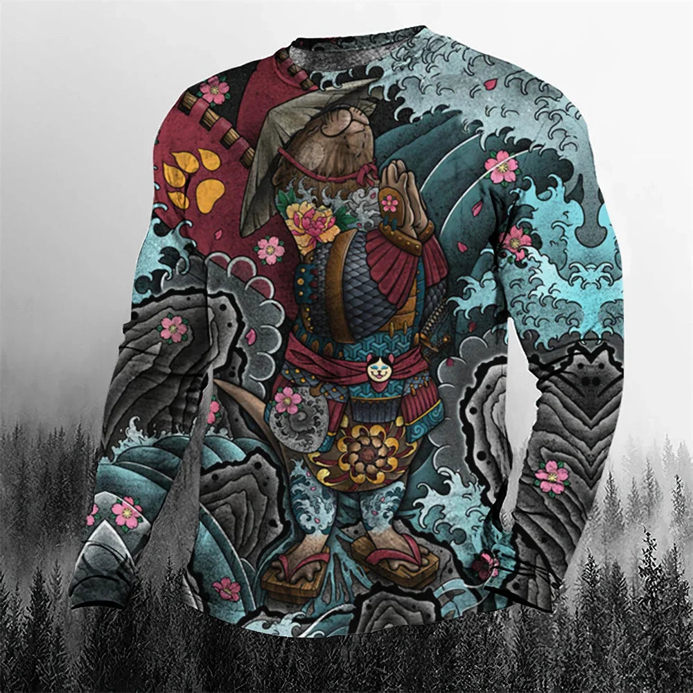 2024 Fall Cool Vintage Samurai 3D Printed Men's T-shirt O-Neck Casual Men's Clothing Oversized Cartoon Long Sleeve Tops