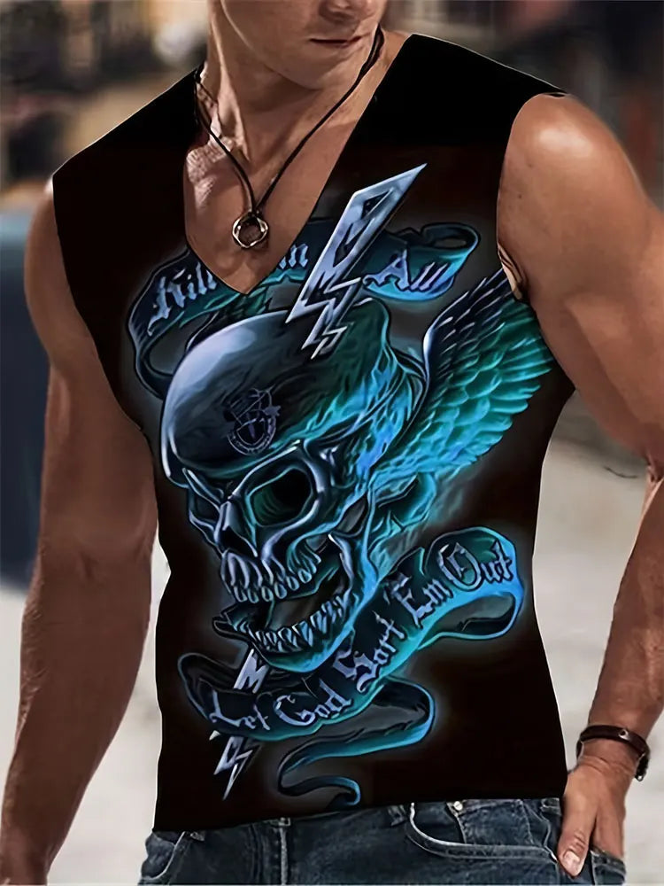 2024 New Summer Everyday Street Men's Tank Top Outdoor Beach Casual Men's Sleeveless T-shirt Eagle Print Men's V-neck Tank Top