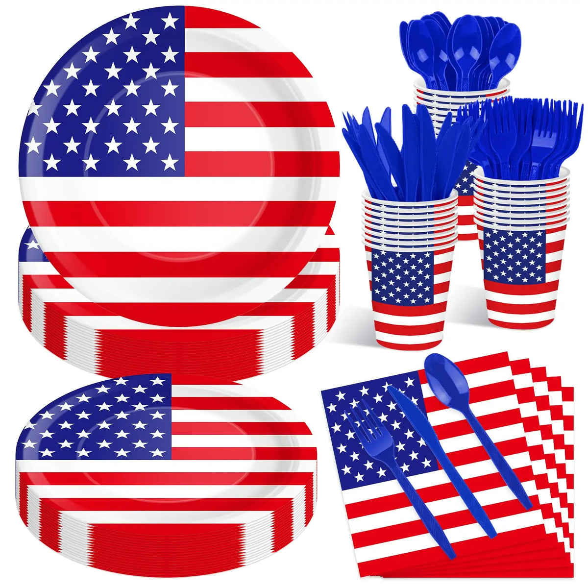 Independence Day Party Supplies American Flag Tableware USA Plates, Cups, Napkins, Forks, Spoons For 4th Of July USA Party Decor
