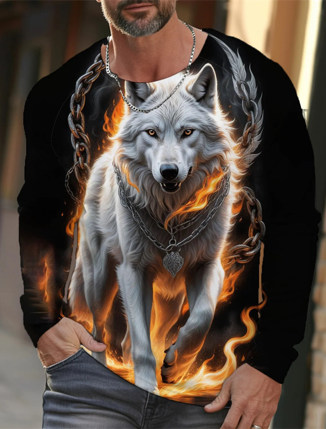 2024 Men's Summer Long Sleeve 3d Printed Wolf Print T-Shirt Tops Men Streetwear Clothing Round Neck Graphic Long Sleeve T-Shirt