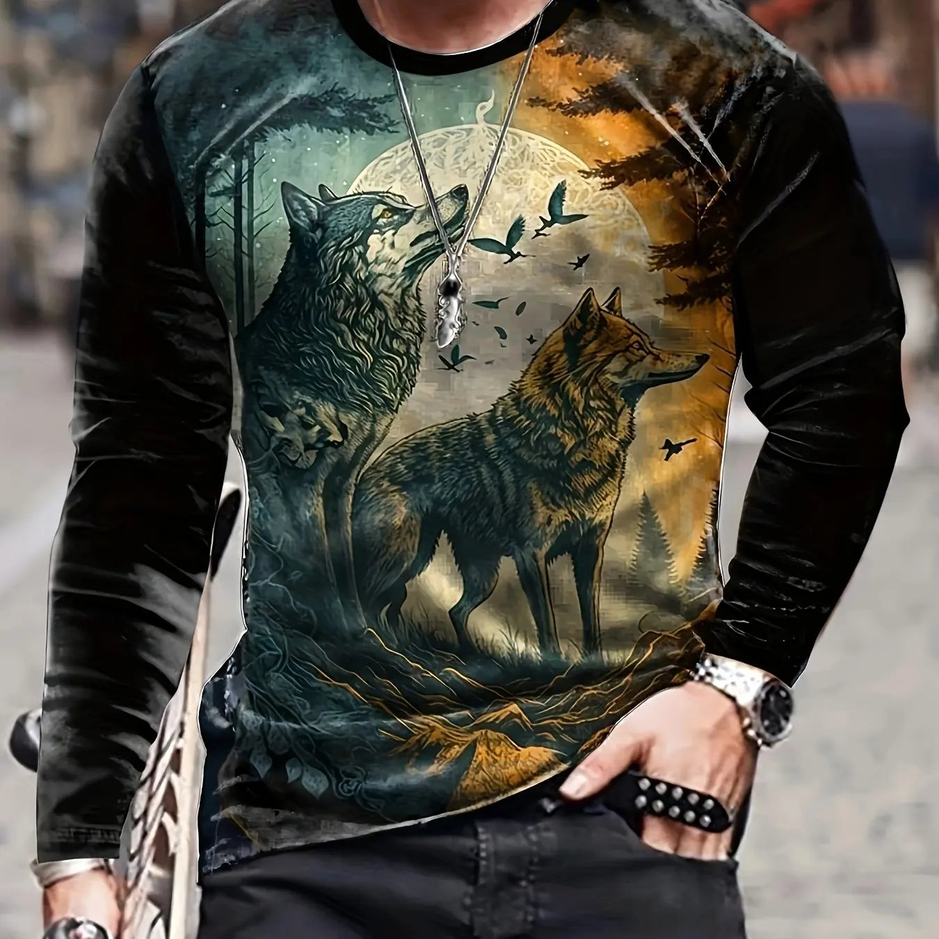 2024 new men's Ukiyoe long-sleeved T-shirt 3d printed high-definition wolf print men's autumn top casual round neck T-shirt