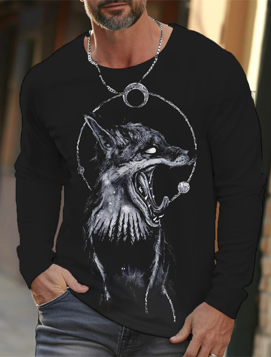 2024 new men's long-sleeved t-shirt 3d printed high-definition wolf animal print men's autumn tops casual round neck t-shirt