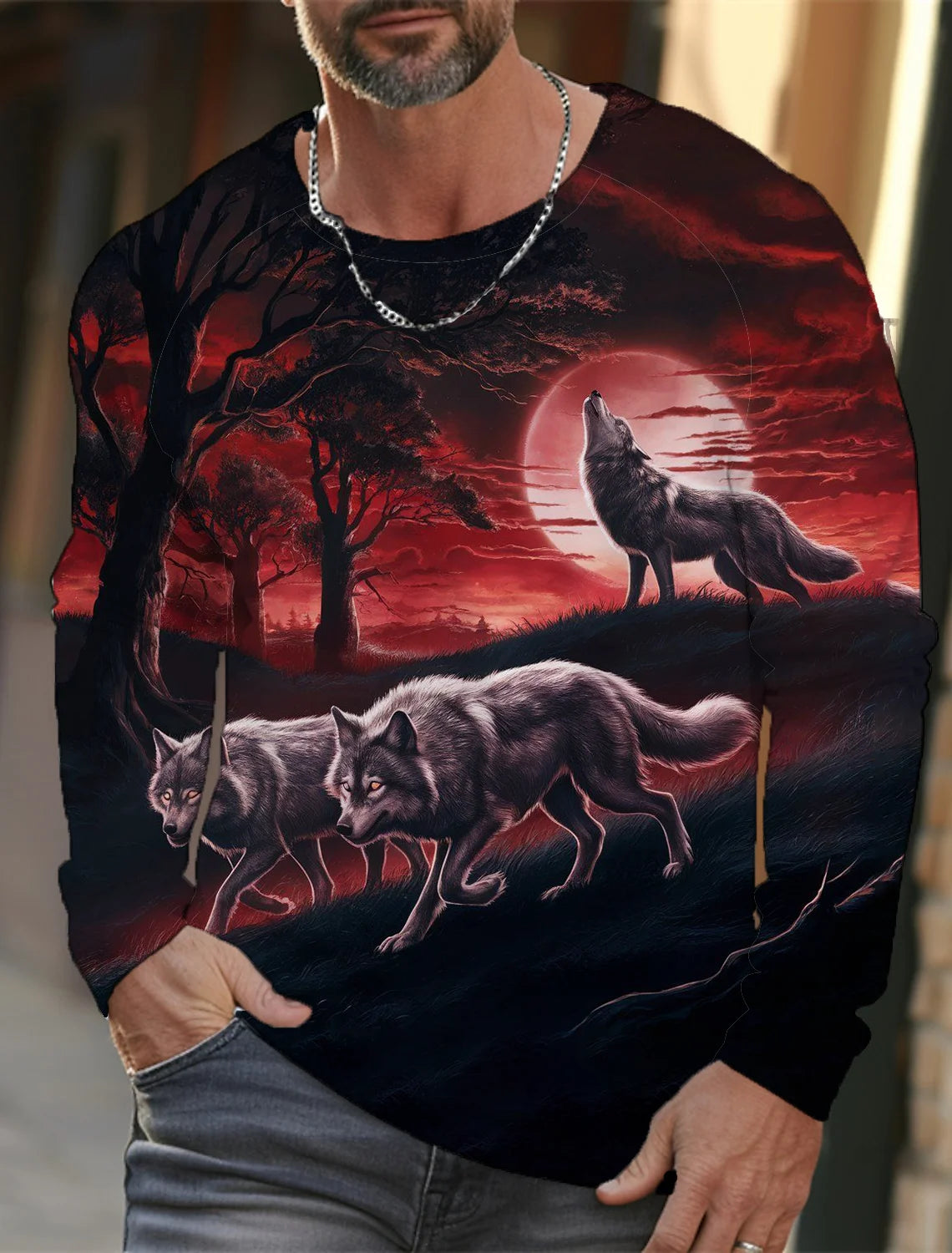 2024 Men's Summer Long Sleeve 3d Printed Wolf Print T-Shirt Tops Men Streetwear Clothing Round Neck Graphic Long Sleeve T-Shirt
