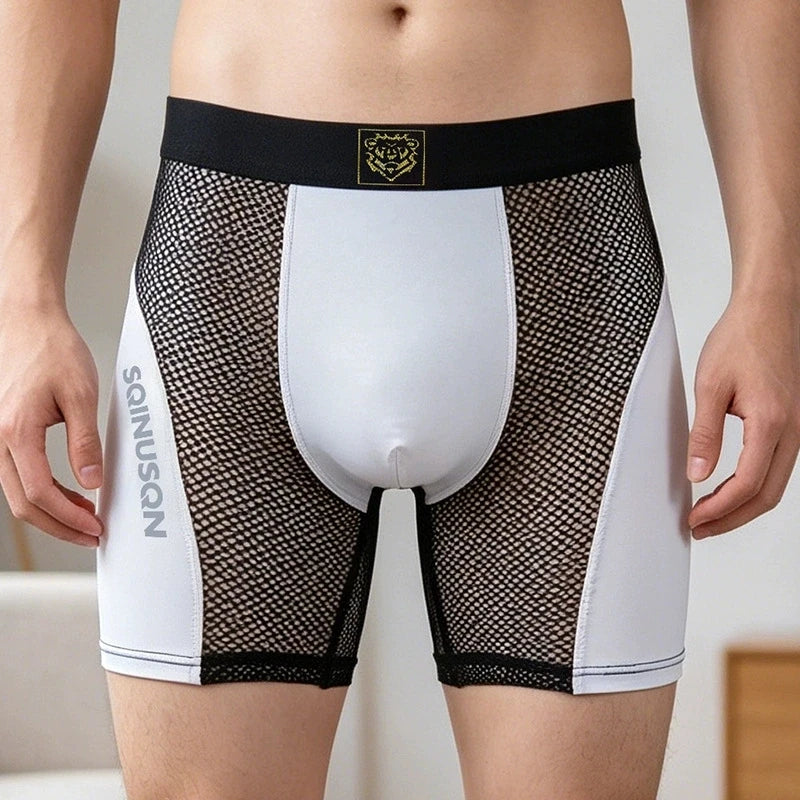 L-3XL Men's Mesh Ice Silk Boxer Shorts Summer Breathable Sports Underwear with Glow-in-the-Dark Letters – Quick Dry & Anti-Chafe