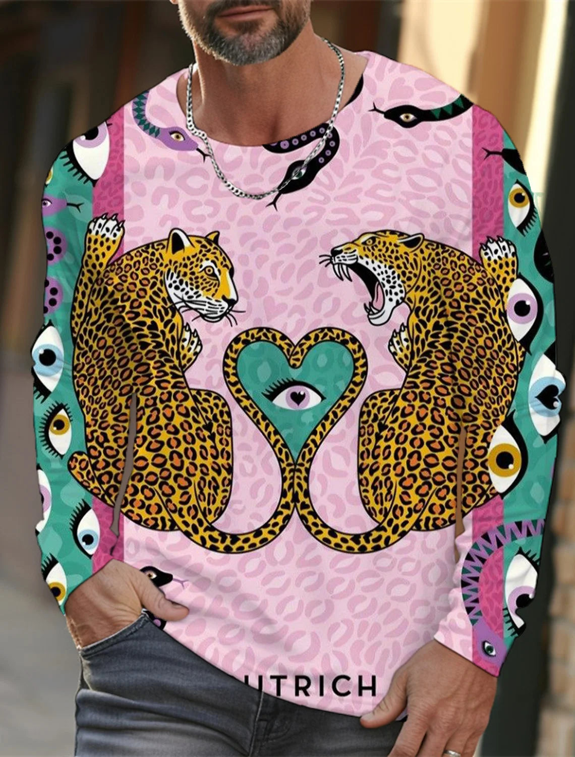 Men's long-sleeved T-shirt 3D printing HD leopard print men's long-sleeved T-shirt autumn tops casual round neck home clothes