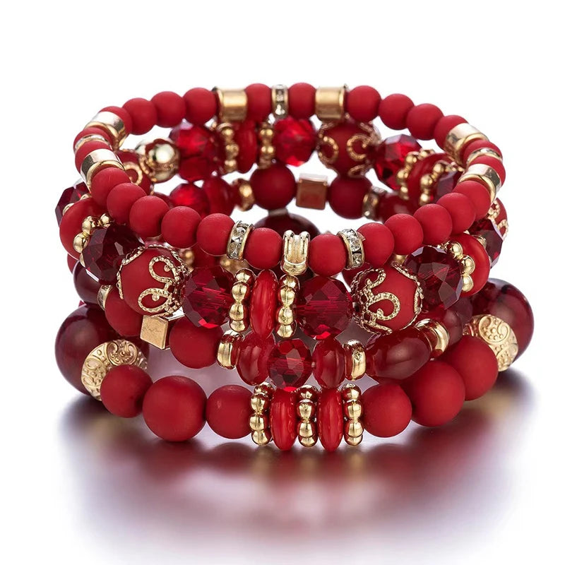 4Pcs/Set Bohemian Style Crystal Glass Love Heart Multi-Layer Stacking Elastic Bracelet For Women Daily Wear Jewelry Gift