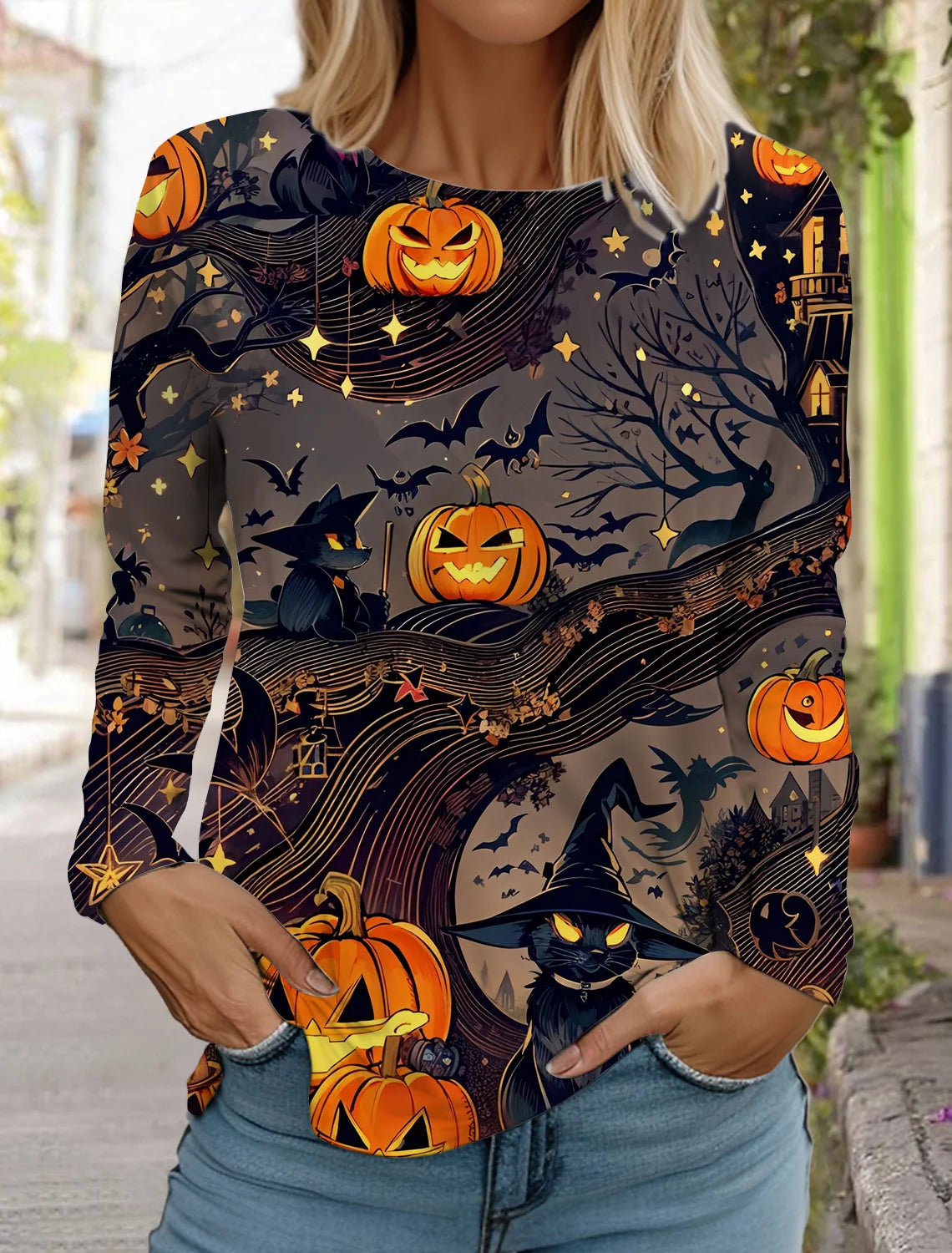 Halloween skull pumpkin print pullover autumn and winter women's casual long sleeve round neck sweatshirt men's clothing