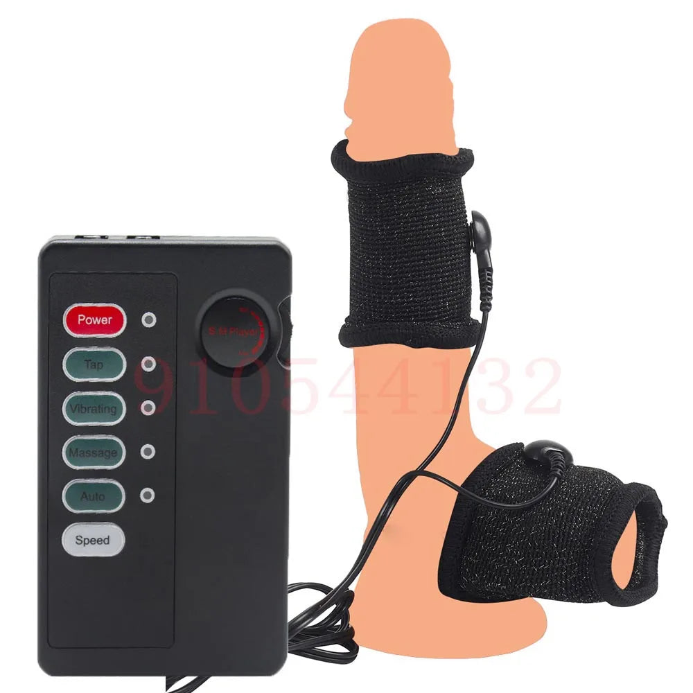 BDSM Electro Shock Conductive Fiber Penis Sleeve E-stim Scrotum Rings Electric Play Cock Therapy Enlargement Male Sex Products