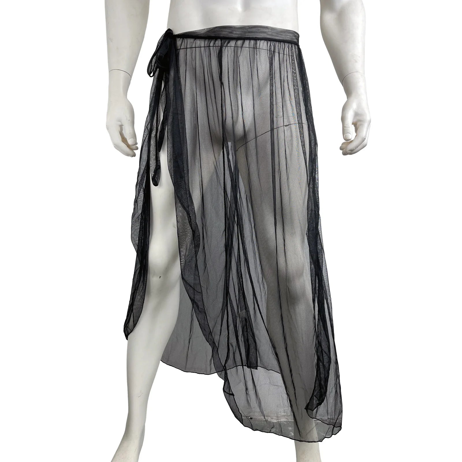 CLEVER-MENMODE Sexy Mesh Sleep Bottoms Men Pajamas See Through Long Sleepwear  Side Spilt Nightdress Transparent Culottes