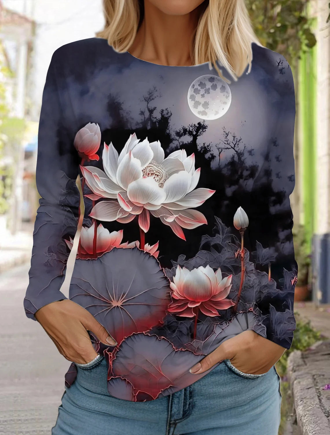 2024 women's fashion retro tops long sleeve round neck pullover casual long sleeve t-shirt new 3d printed lotus print t-shirt