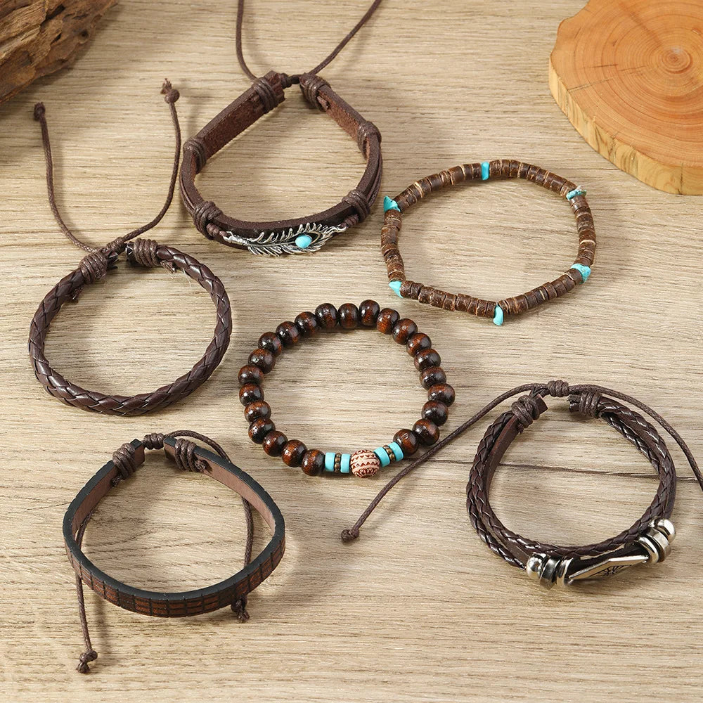 Bohemian Turquoise Wood Beaded Beaded Bracelet Leaf Flower Feather Multi-layer Men's Woven Leather Bracelet