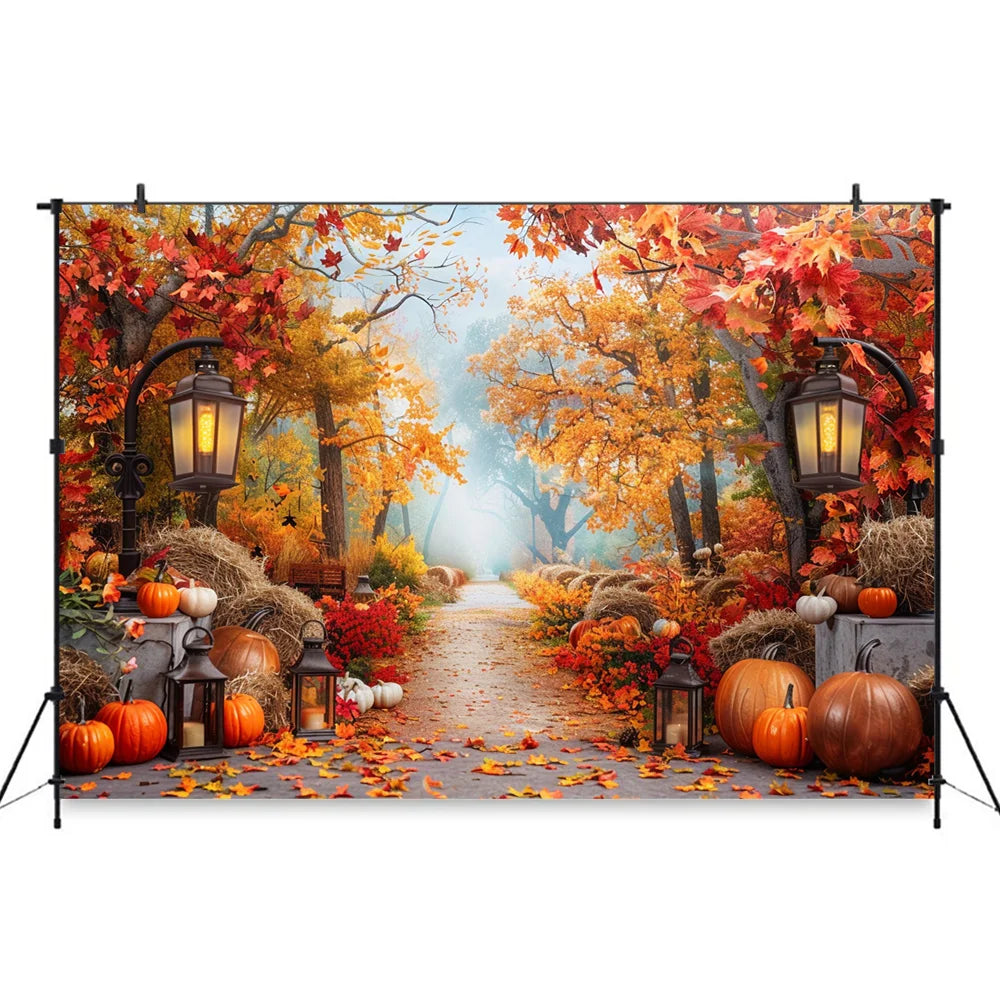Autumn Photography Background Pumpkin Maple Leaves Street Light Backdrop Decor Family Kid Thanksgiving Day Birthday Photo Studio