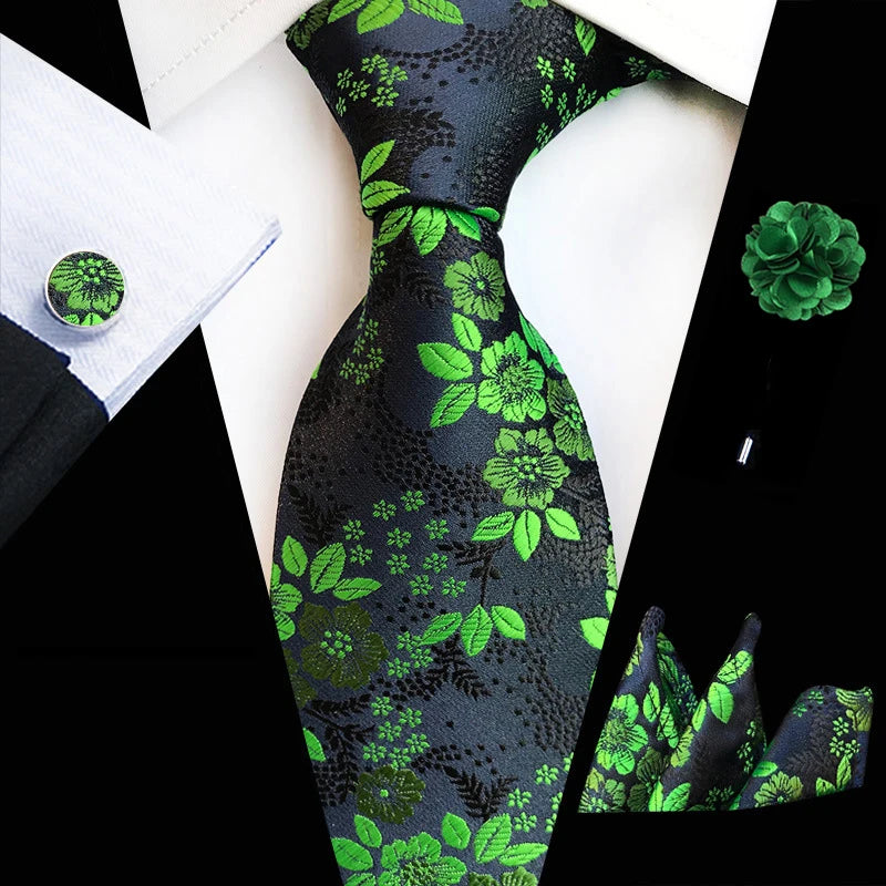 Floral Pink Silk Ties Set For Men Wedding Party Neck Tie Set Handkerchief Brooch Cufflinks Men Accessories High Quality Gravata