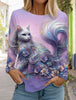 2024 Autumn and Winter Women's Long Sleeve 3D Printed Kitten Cute Print T-Shirt Women's Streetwear Round Neck Long Sleeve