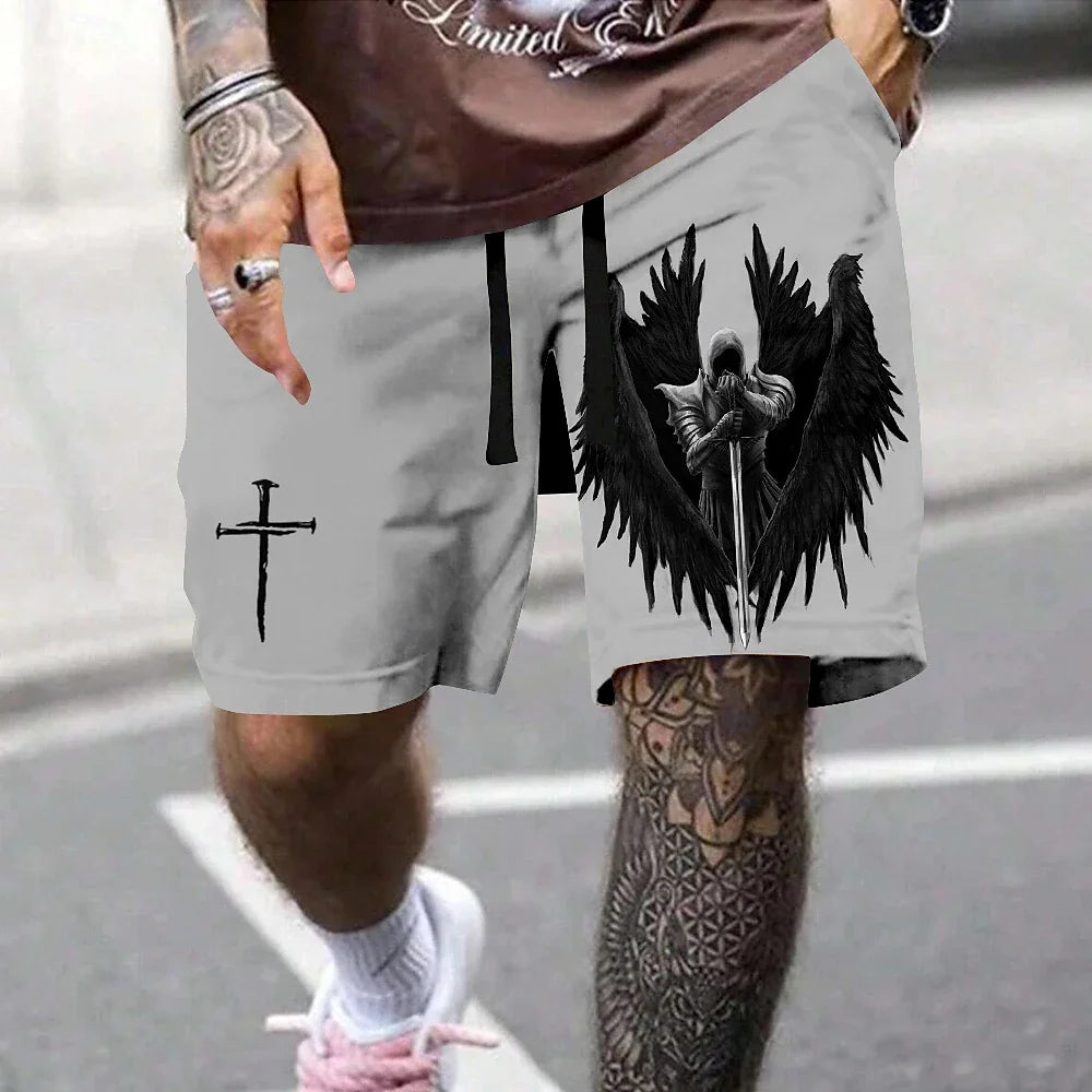 Men's swimming trunks retro 3D cross angel print beach shorts quick-drying outdoor leisure sports shorts swimwear fashion shorts