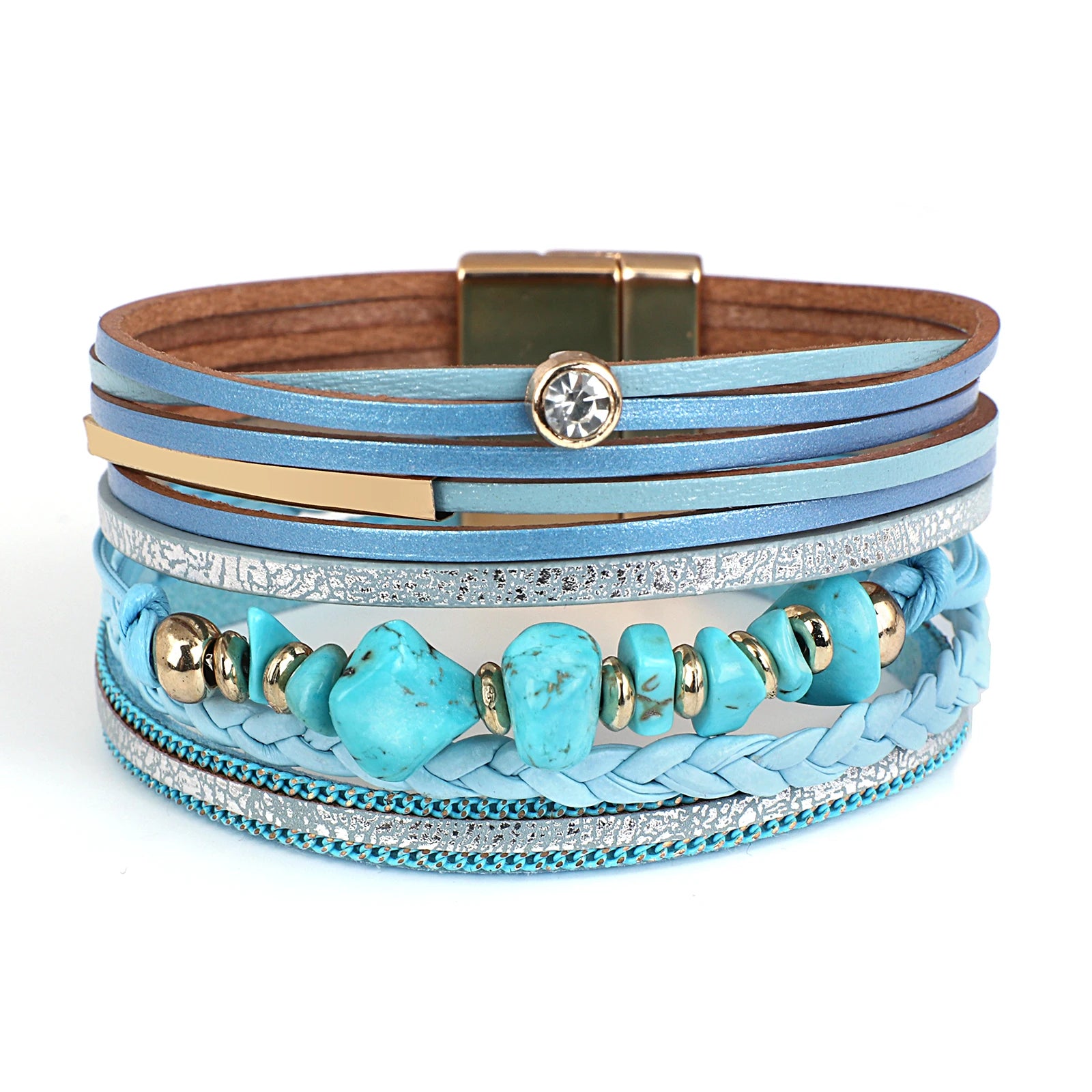 ALLYES Vintage Natural Stone Leather Bracelet for Women Men Boho Handmade Braided Crystal Multilayer Wrap Bracelet Charm Jewelry