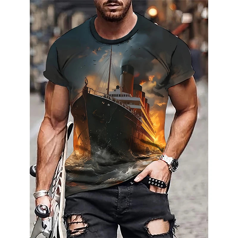 Sailing Ship Graphic T-Shirts Sailboat 3D Print Men Women T Shirt Short Sleeve Oversized Harajuku Y2k Tops Tees Kids Clothing