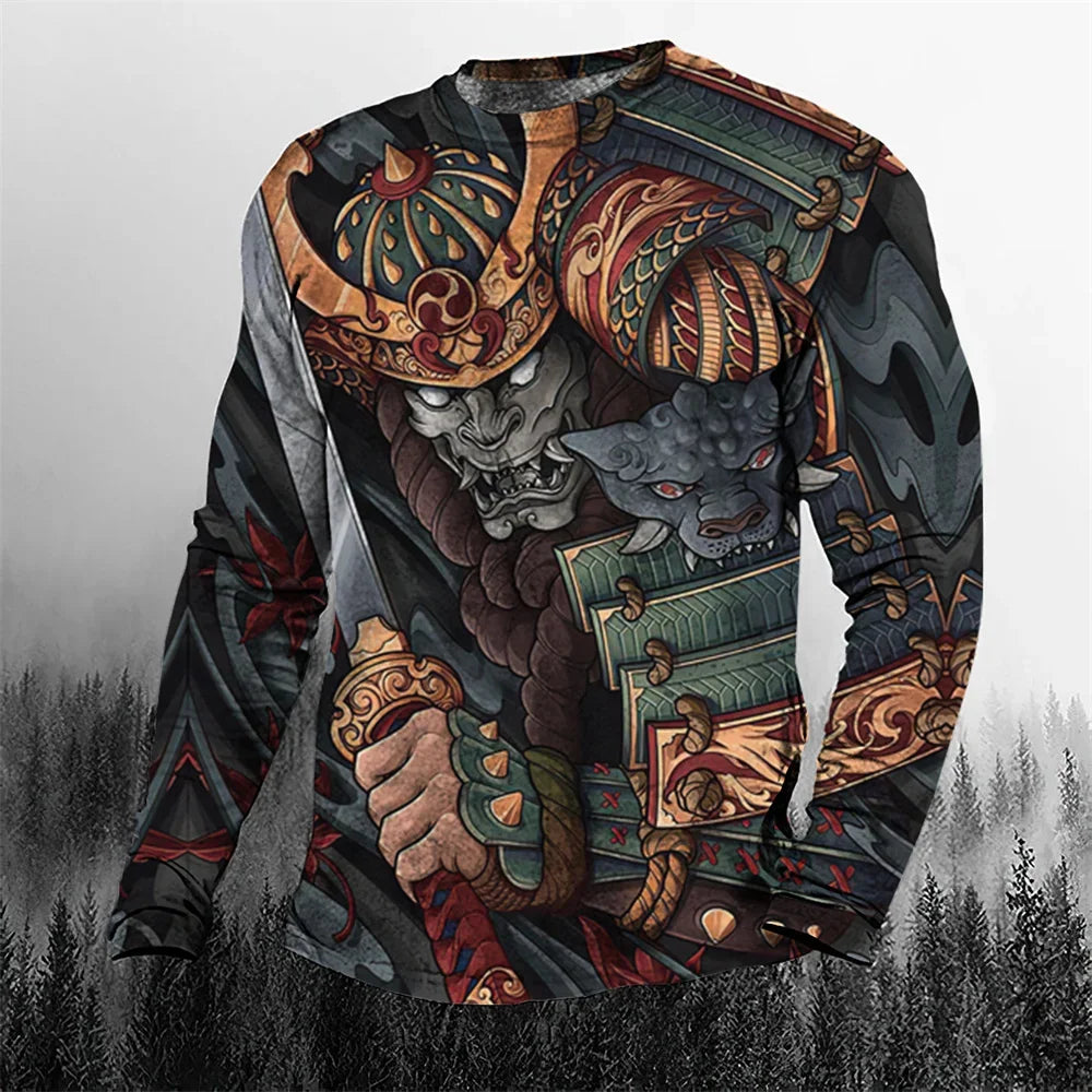 2024 Fall Cool Vintage Samurai 3D Printed Men's T-shirt O-Neck Casual Men's Clothing Oversized Cartoon Long Sleeve Tops