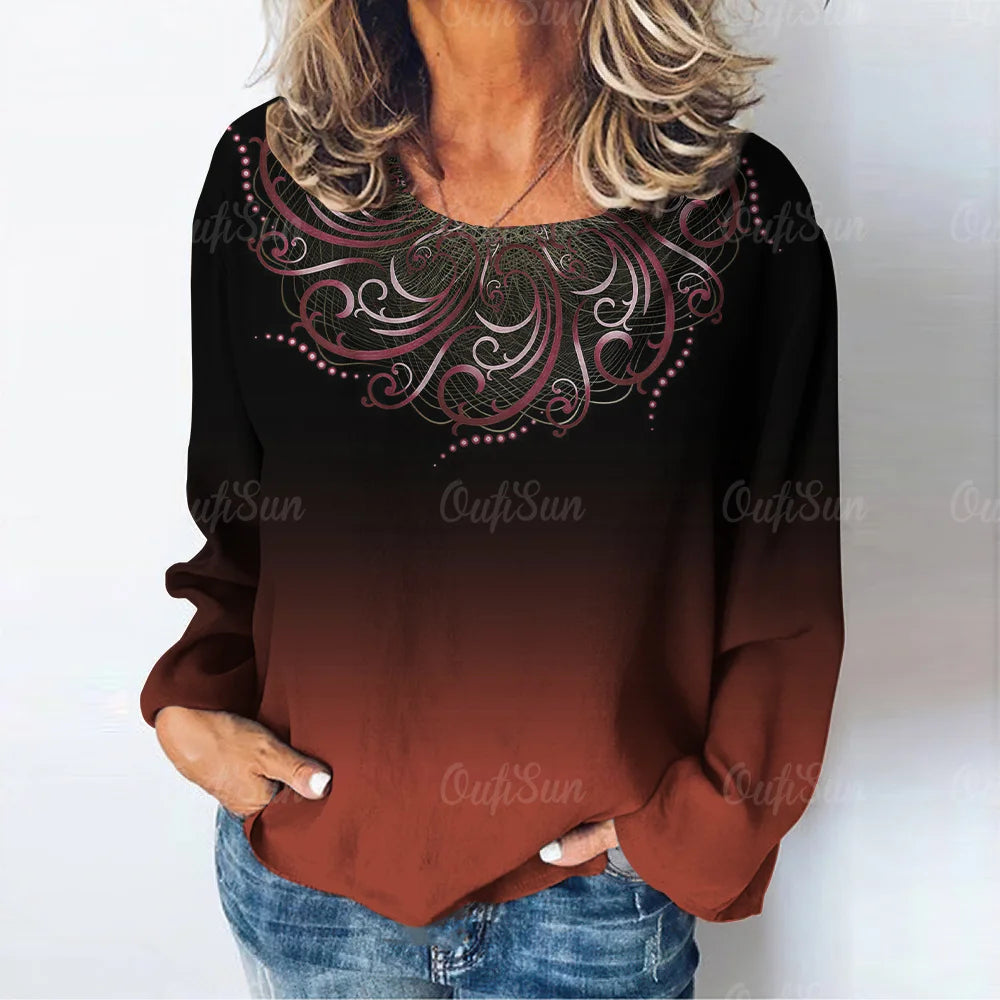 Women's Retro Geometric Pattern Long Sleeve T-Shirt Ladies Top Loose Casual Pullover Gradient Ladies Round Neck Long Sleeve