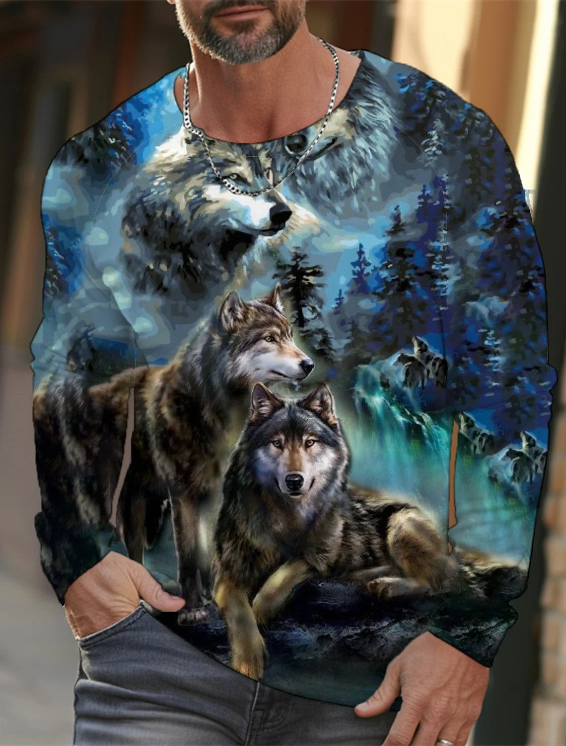 2024 Men's Summer Long Sleeve 3d Printed Wolf Print T-Shirt Tops Men Streetwear Clothing Round Neck Graphic Long Sleeve T-Shirt