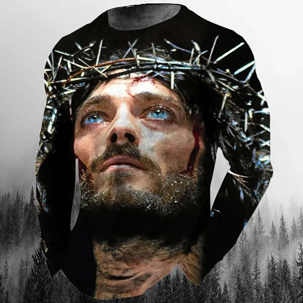 Fashion Casual Men's Long Sleeve T-Shirt 3d Printed Retro Jesus Christ Street Personality Loose O Collar Harajuku Oversized Top