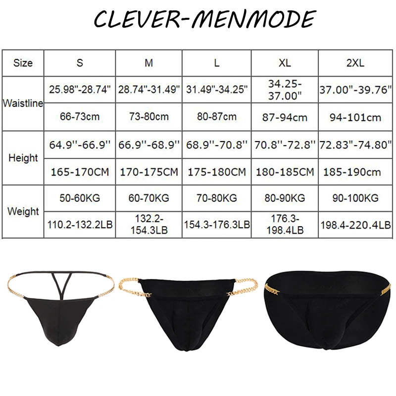 Men's Sexy Ultra Thin Low Rise High Slit Thong Metal Chain Low Rise G String Briefs Exotic Mini Micro Panties 18+ Adult Lingerie