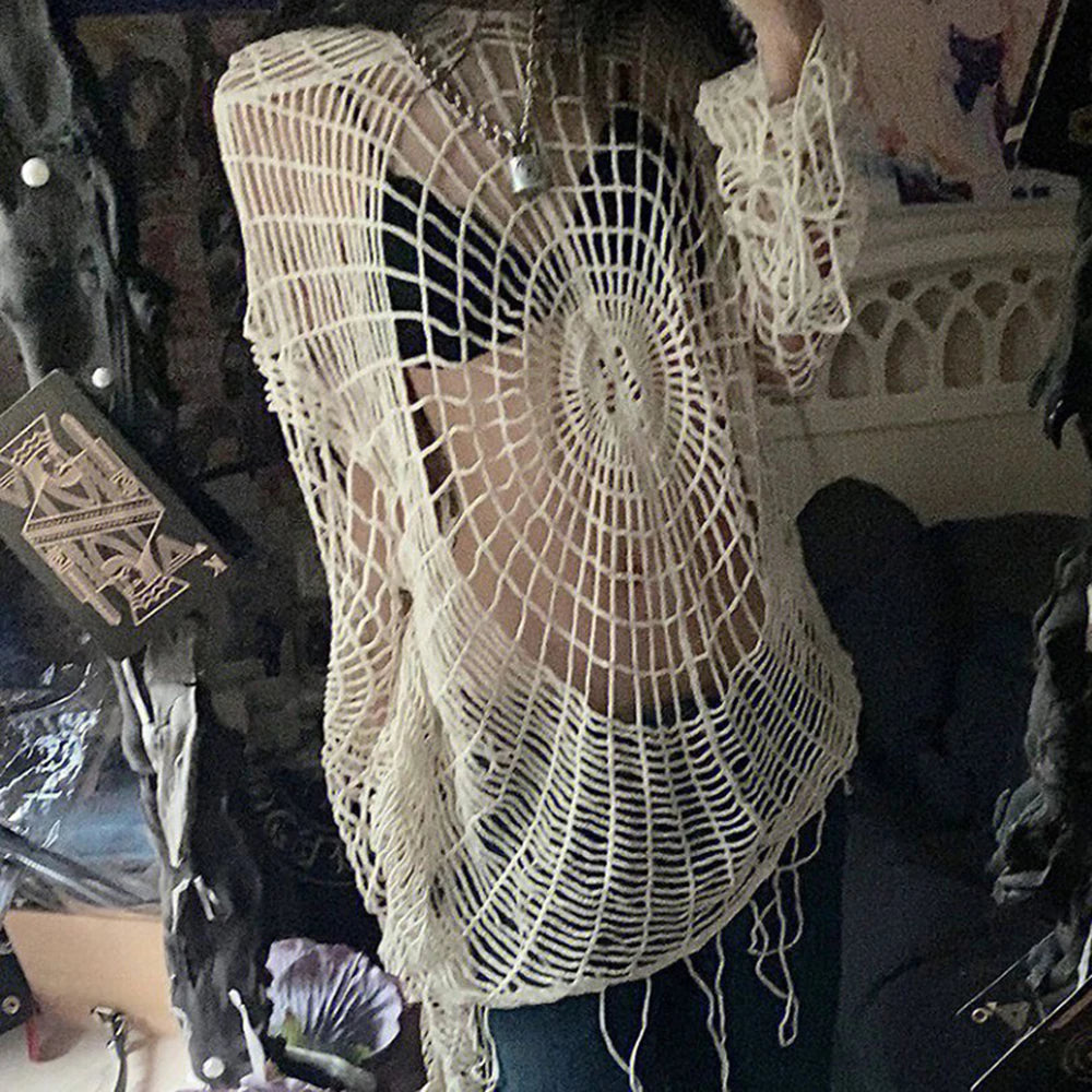 Y2K Spider Web Hooded Sweater – Men’s Hollow Knit Streetwear Pullover | Korean Grunge Oversized Hoodie (Genderless Fit)