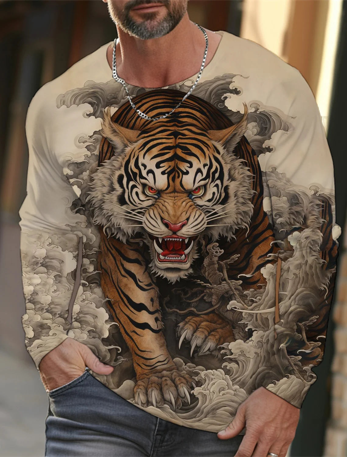 2024 new men's Ukiyoe long-sleeved T-shirt 3D printed high-definition tiger print men's autumn tops casual round neck T-shirt