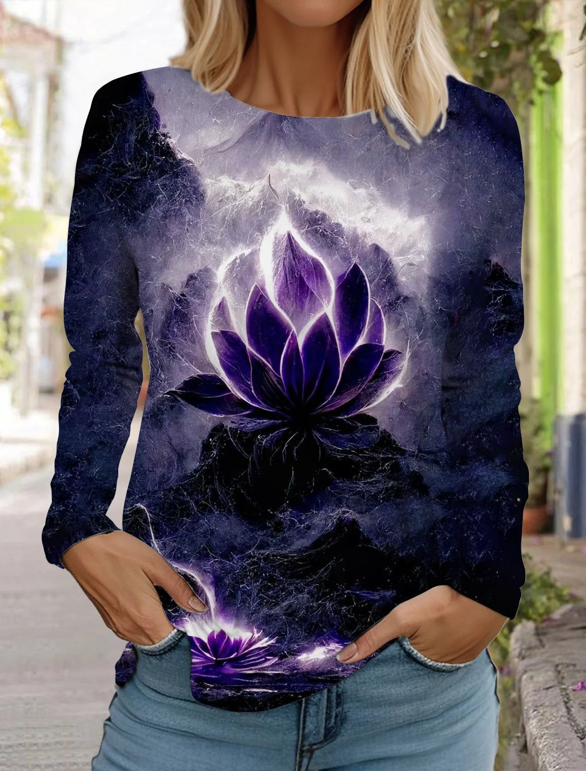 2024 women's fashion retro tops long sleeve round neck pullover casual long sleeve t-shirt new 3d printed lotus print t-shirt