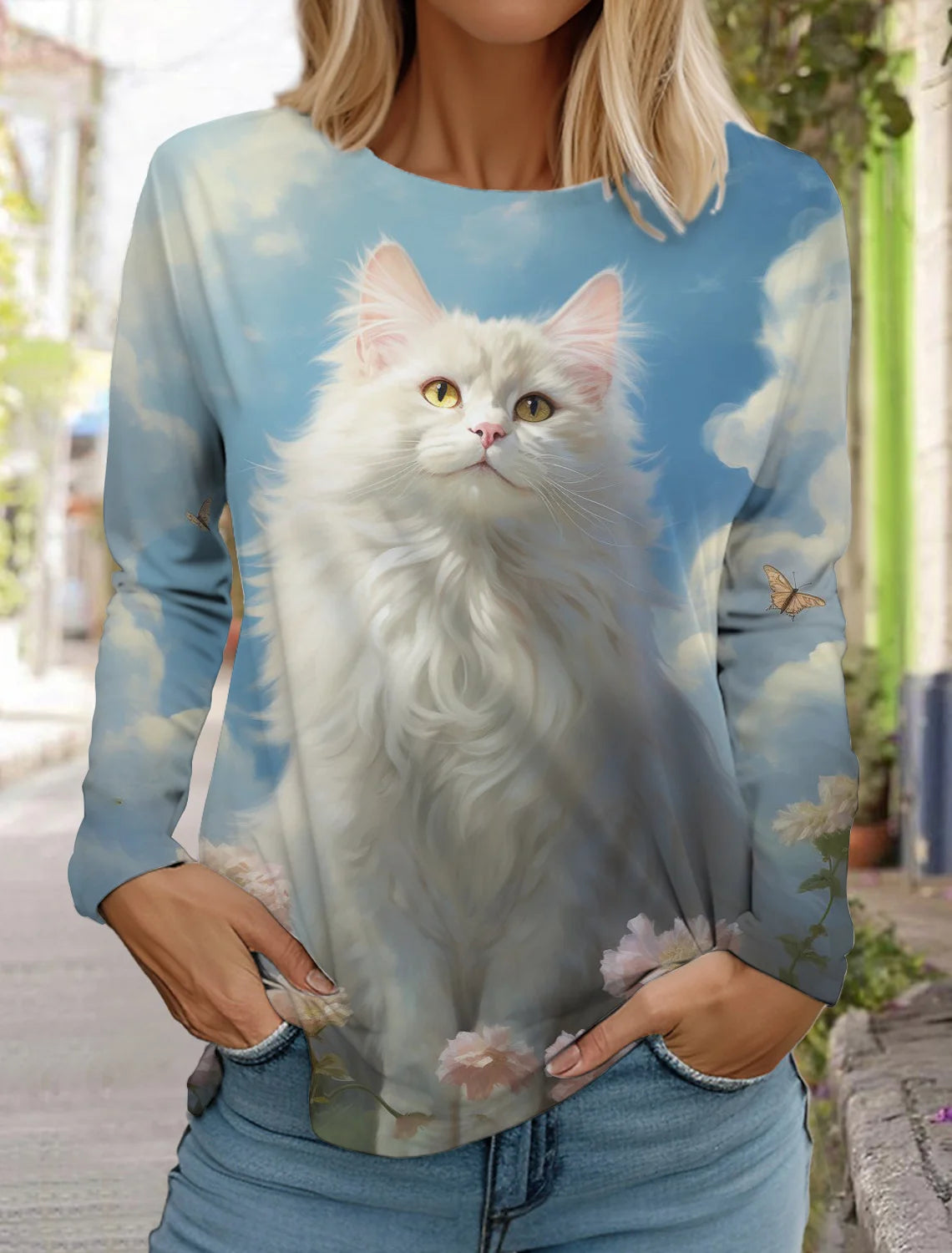 2024 Autumn and Winter Women's Long Sleeve 3D Printed Kitten Cute Print T-Shirt Women's Streetwear Round Neck Long Sleeve