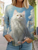 2024 Autumn and Winter Women's Long Sleeve 3D Printed Kitten Cute Print T-Shirt Women's Streetwear Round Neck Long Sleeve