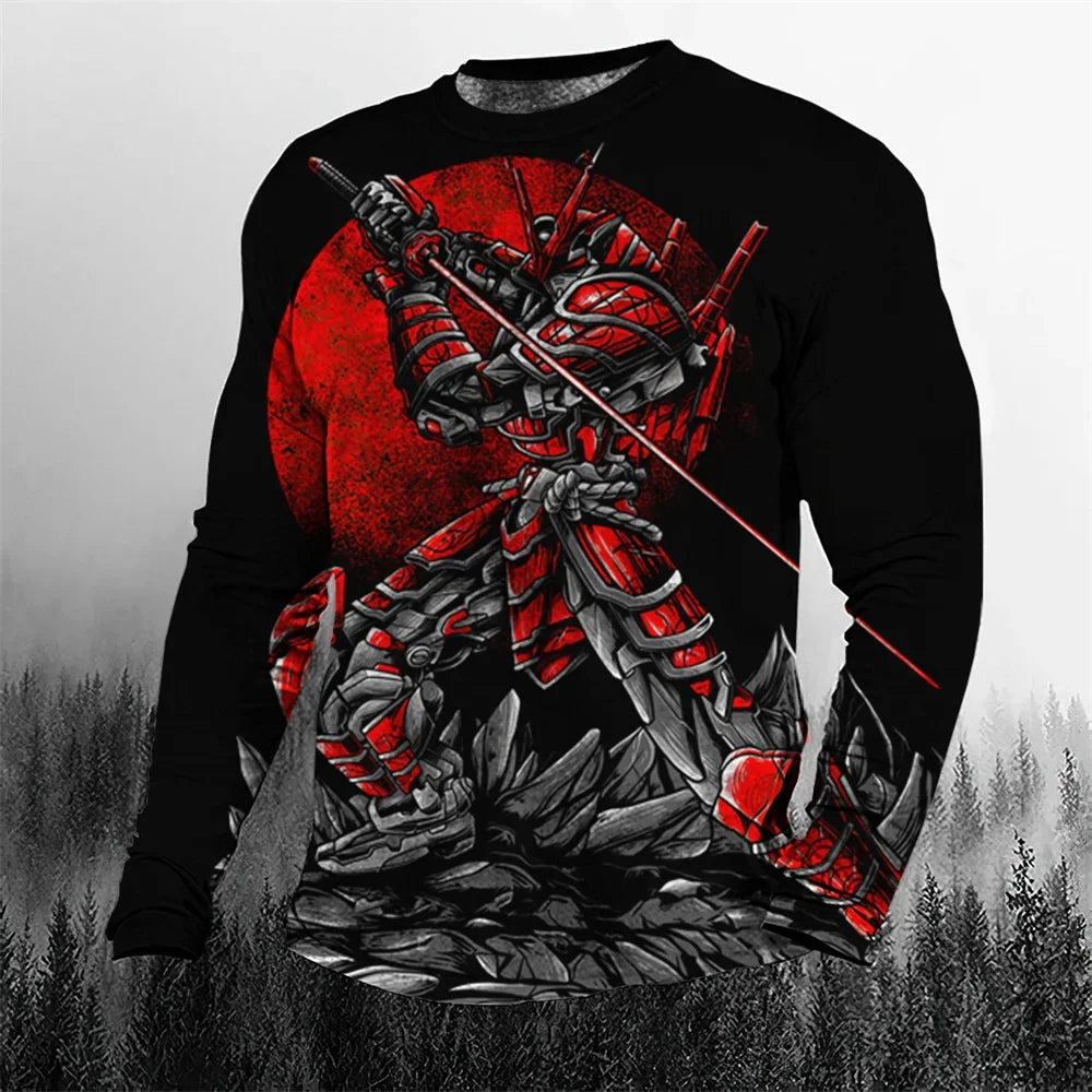 2024 Fall Cool Vintage Samurai 3D Printed Men's T-shirt O-Neck Casual Men's Clothing Oversized Cartoon Long Sleeve Tops