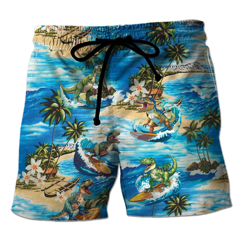 Funny 3D Printing Dinosaur Beach Shorts For Men Street Drawstring Swimming Trunks Kids Summer Animal Pattern Surfboard Shorts